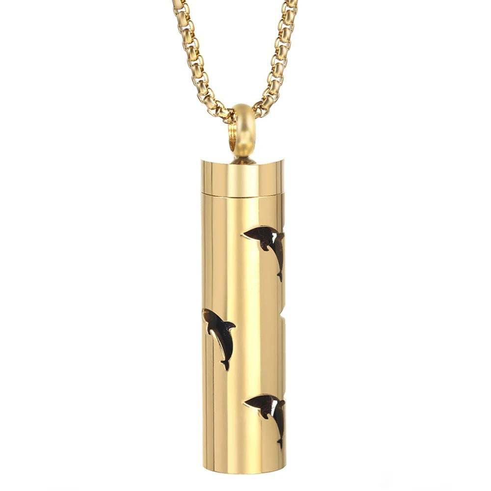 Gold Stainless Steel Aromatherapy Necklace - Cylindrical Hollow Pendant Essential Oil Diffuser