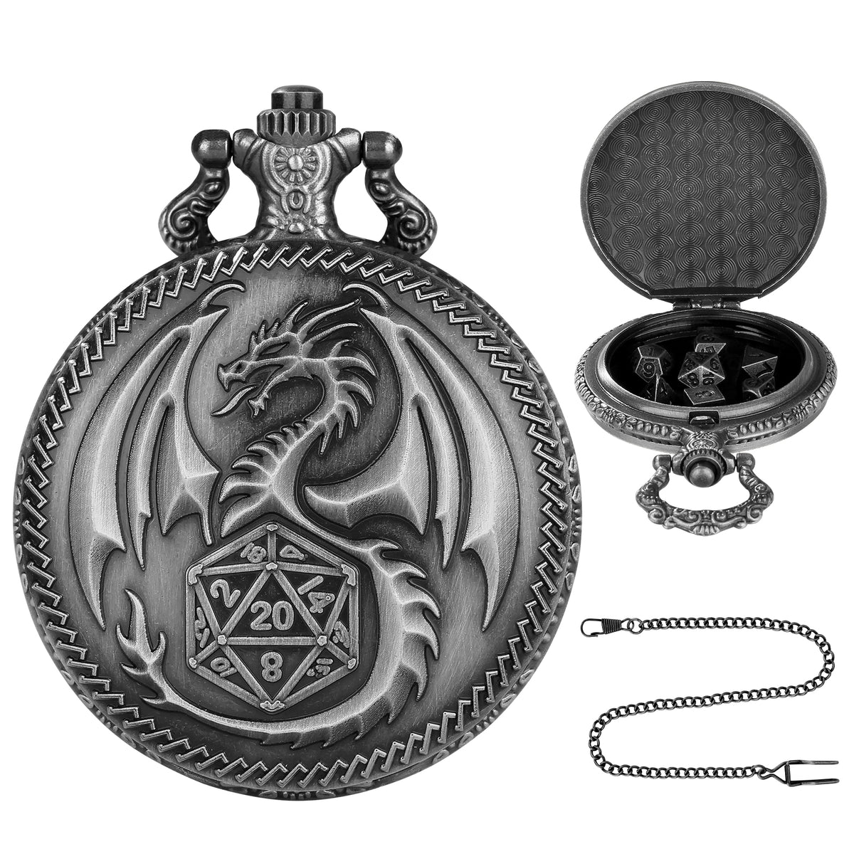 Retro Pocket Watch & 7-Piece DND Metal Dice Set – RPG Gift Bundle