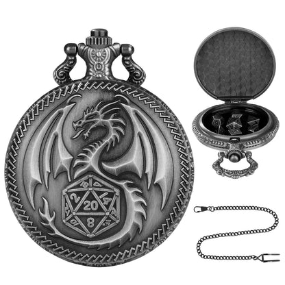 Retro Pocket Watch & 7-Piece DND Metal Dice Set – RPG Gift Bundle