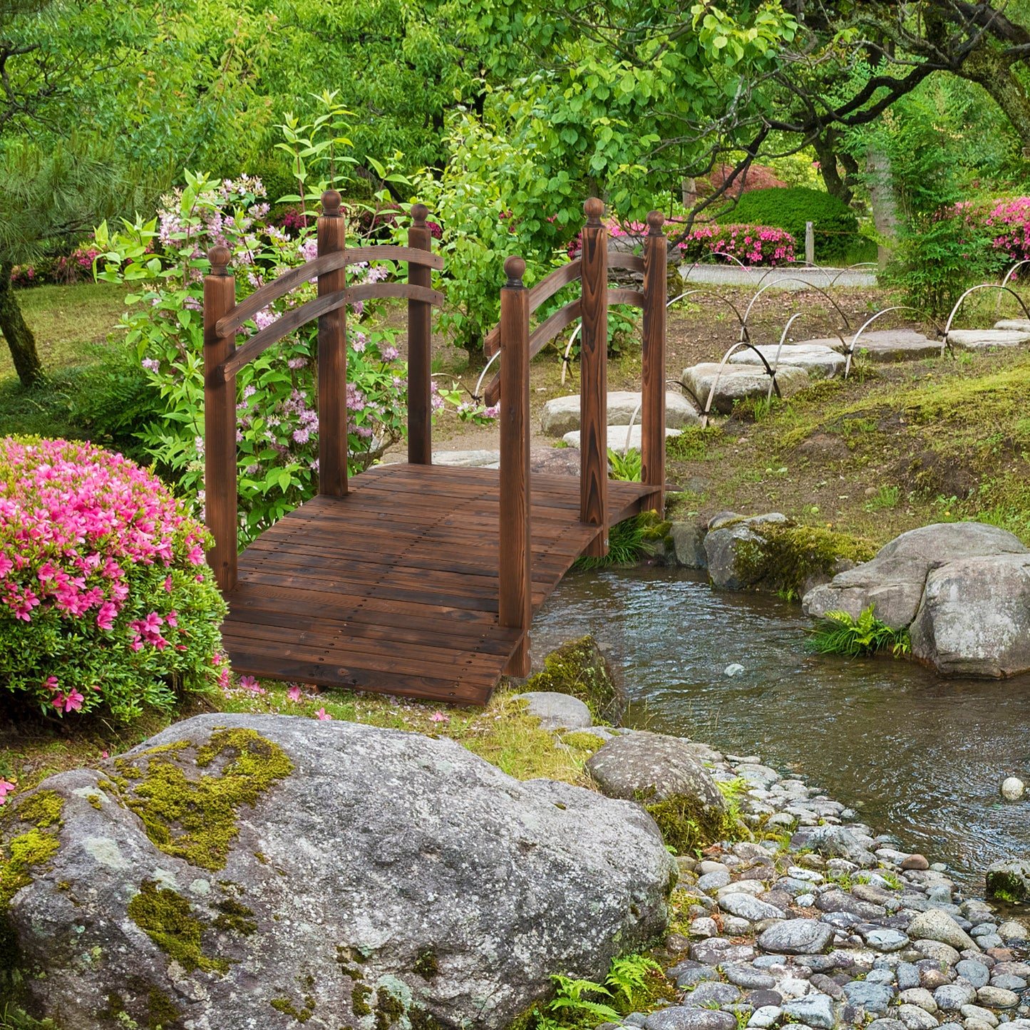 7.5' Fir Wood Garden Bridge Arc Walkway with Side Railings, Perfect for Backyards, Gardens, & Streams, Carbonized