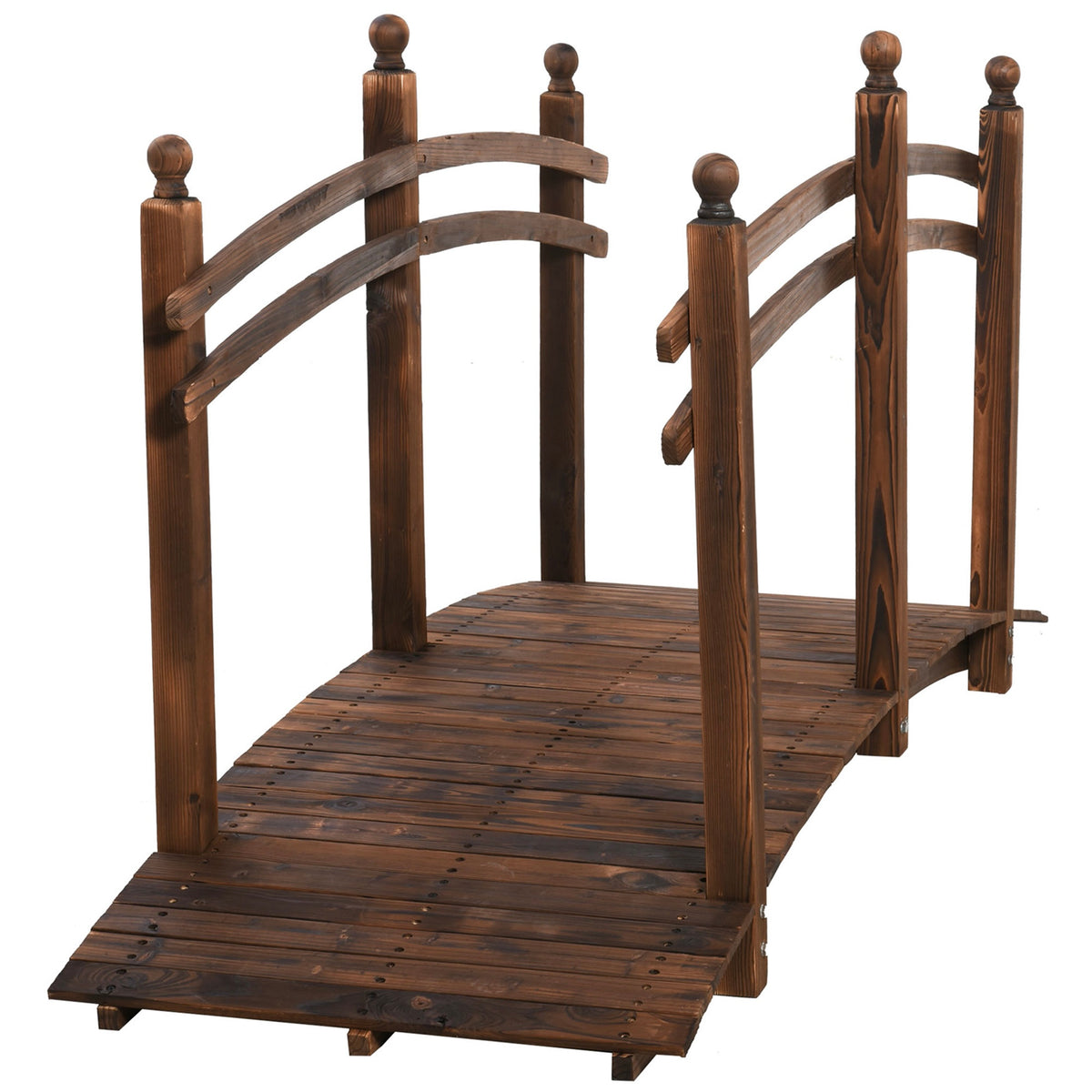 7.5' Fir Wood Garden Bridge Arc Walkway with Side Railings, Perfect for Backyards, Gardens, & Streams, Carbonized