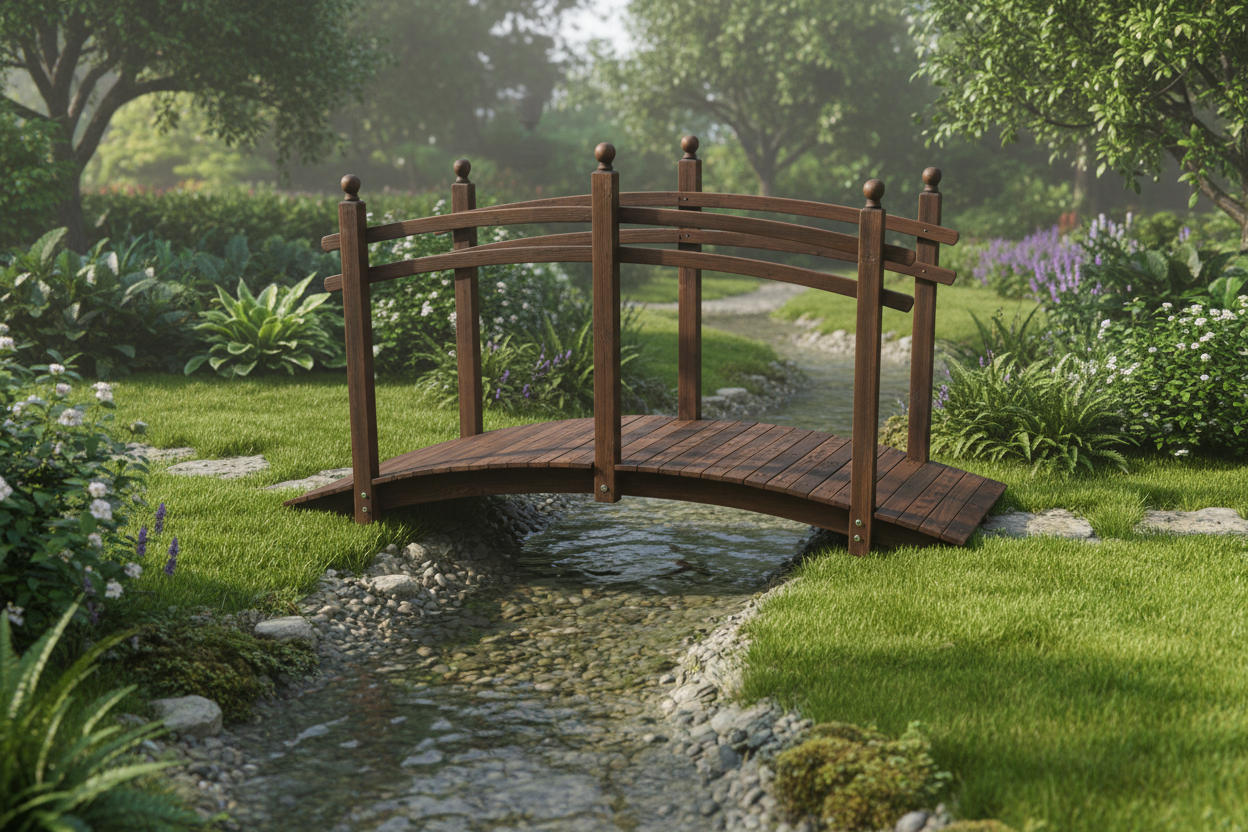 7.5' Fir Wood Garden Bridge Arc Walkway with Side Railings, Perfect for Backyards, Gardens, & Streams, Carbonized