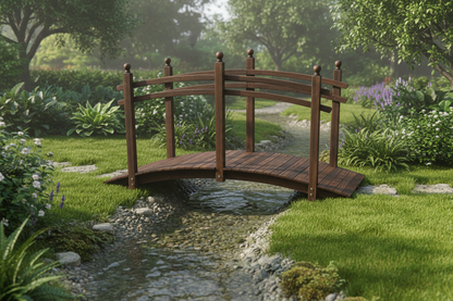 7.5' Fir Wood Garden Bridge Arc Walkway with Side Railings, Perfect for Backyards, Gardens, & Streams, Carbonized