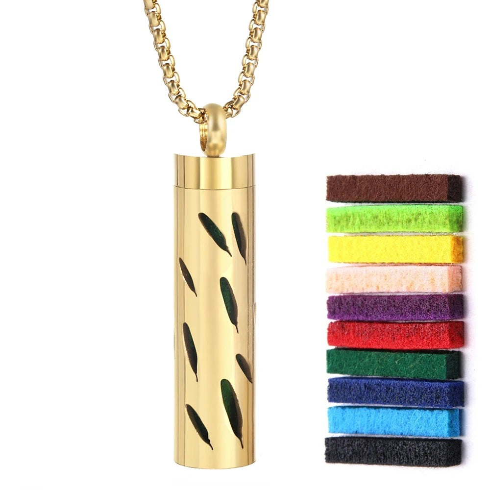 Gold Stainless Steel Aromatherapy Necklace - Cylindrical Hollow Pendant Essential Oil Diffuser