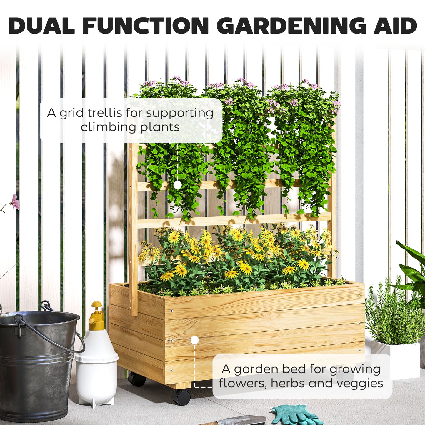 Raised Garden Bed with Trellis - Elevated Planter on Wheels