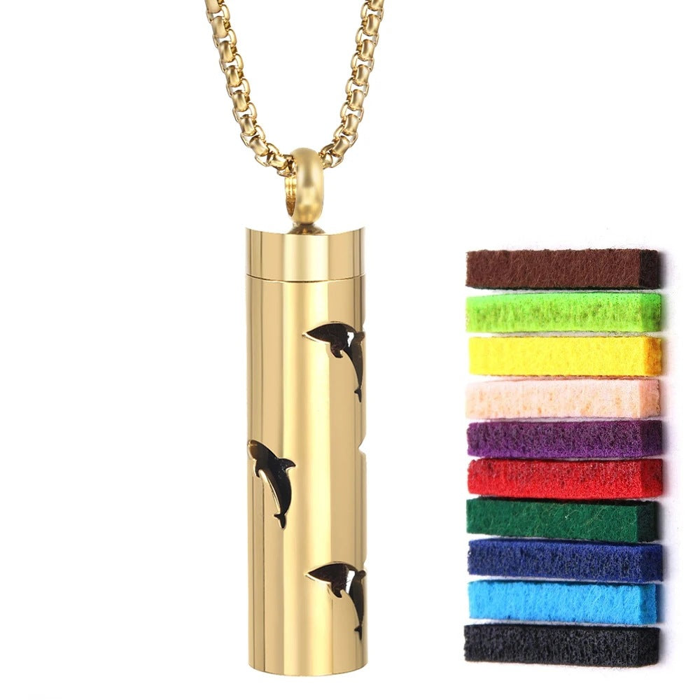 Gold Stainless Steel Aromatherapy Necklace - Cylindrical Hollow Pendant Essential Oil Diffuser
