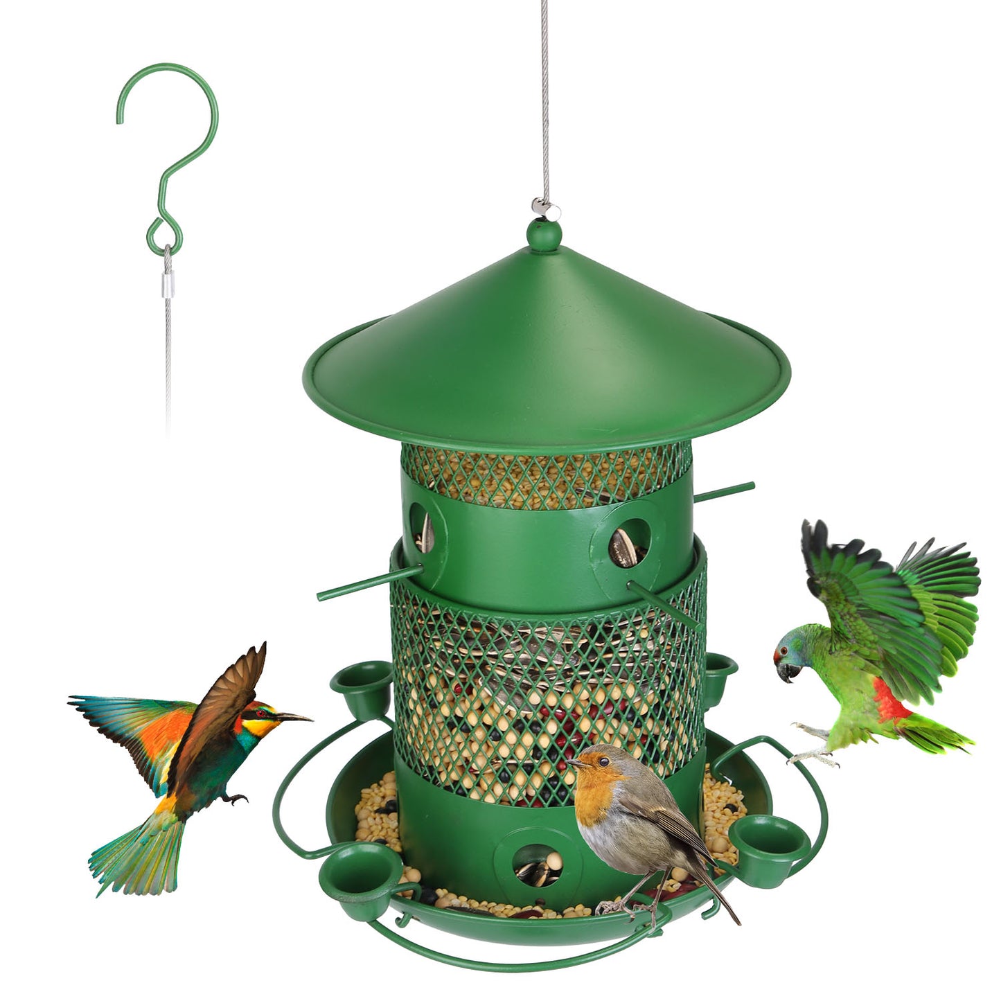 3-Tier Squirrel-Proof Metal Wild Bird Feeder – 360° Perches & Water Cups, Outdoor Hanging