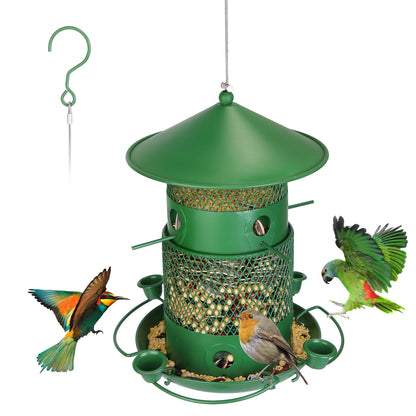 3-Tier Squirrel-Proof Metal Wild Bird Feeder – 360° Perches & Water Cups, Outdoor Hanging