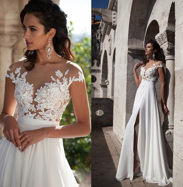 Bohemian Chiffon Wedding Dress with Lace Appliqués