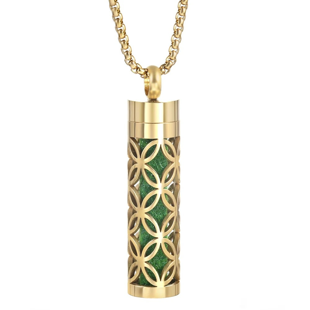 Gold Stainless Steel Aromatherapy Necklace - Cylindrical Hollow Pendant Essential Oil Diffuser