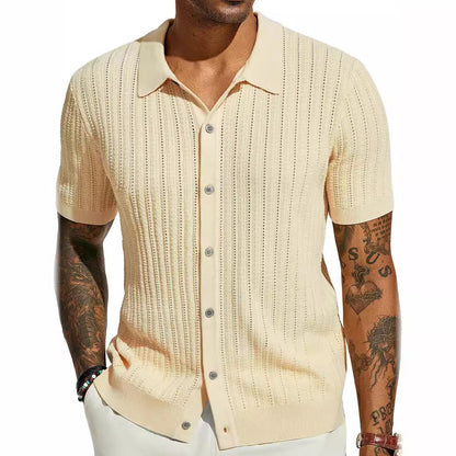 Men's Knitted Short Sleeve Button-Down Shirt, Solid Color
