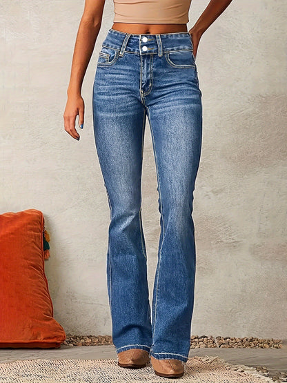 Women's Skinny Flared Jeans – Slim Fit Denim Pants with Pockets & Button Zipper