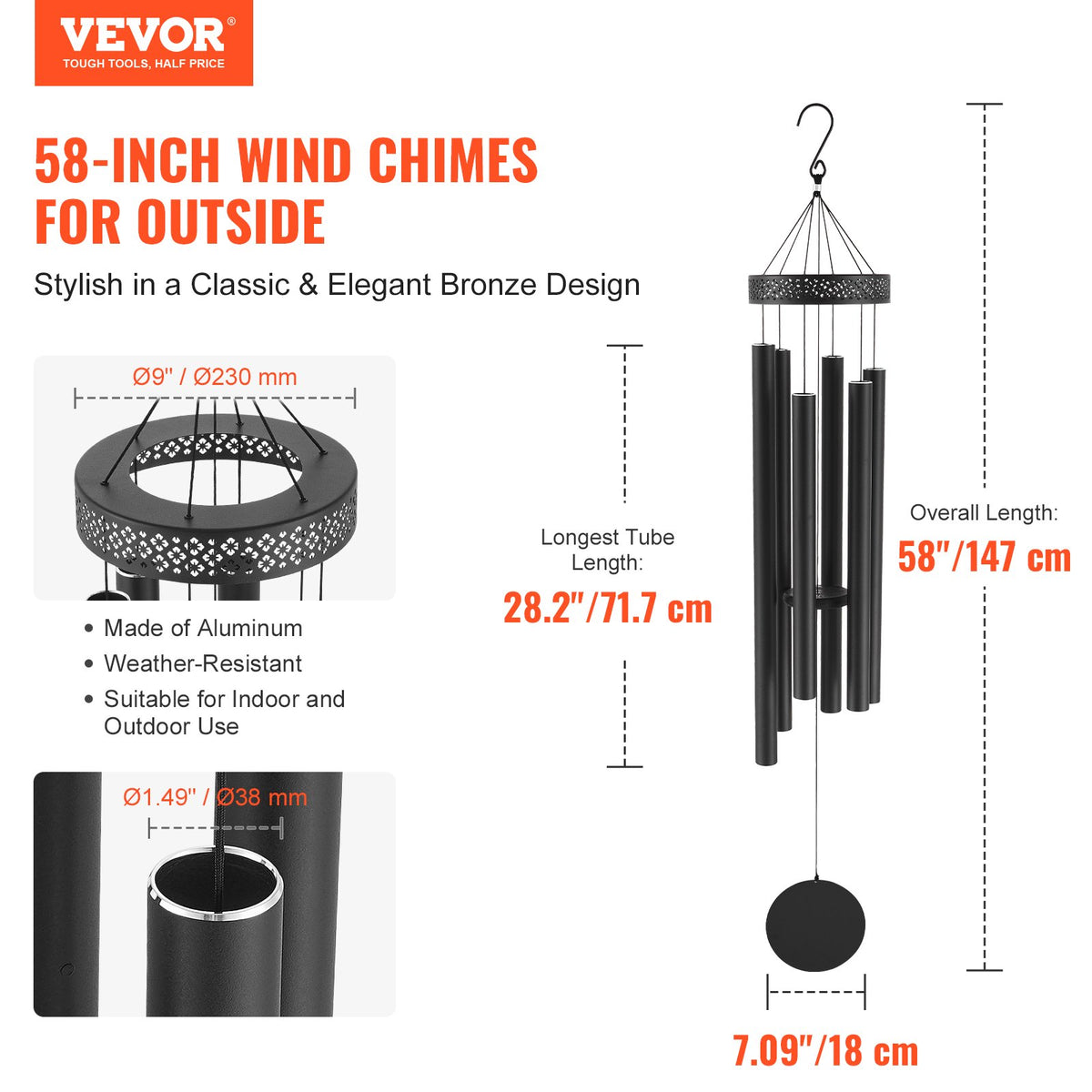 58-Inch Deep Tone Aluminum Wind Chimes for Outside