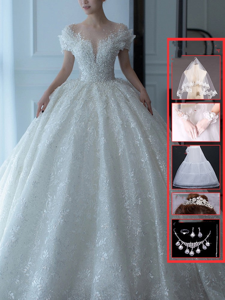 Off-Shoulder French Lace Wedding Dress - Romantic Bridal Gown with Elegant Sleeves