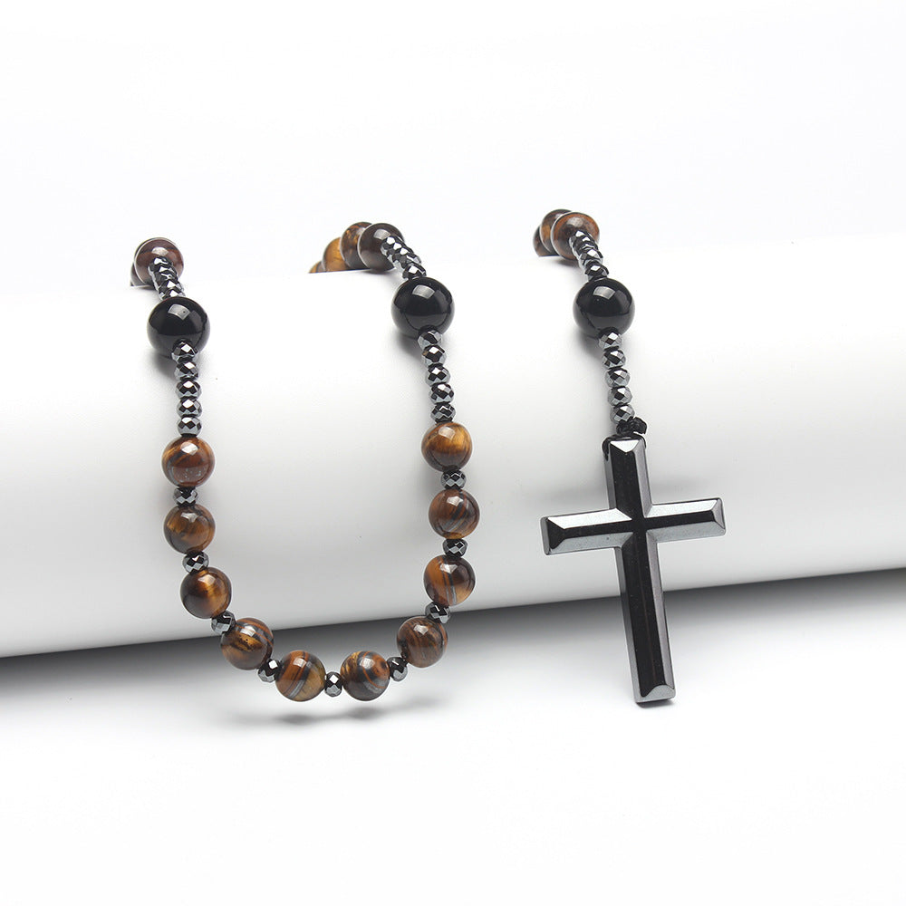 Natural Round Beads Long Chain Cross Necklace – Elegant Prayer Jewelry