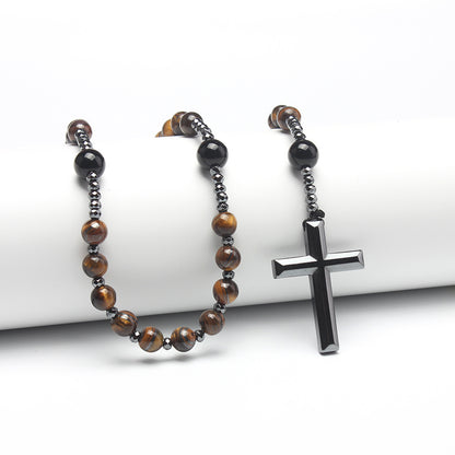 Natural Round Beads Long Chain Cross Necklace – Elegant Prayer Jewelry