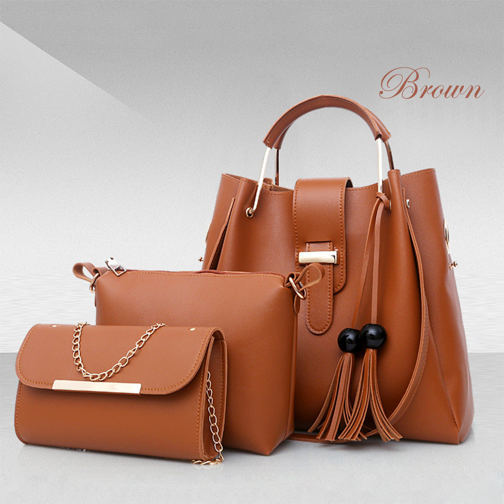 Women's 3-Piece Handbag Set | PU Leather Shoulder Bag, Crossbody & Tote with Tassel