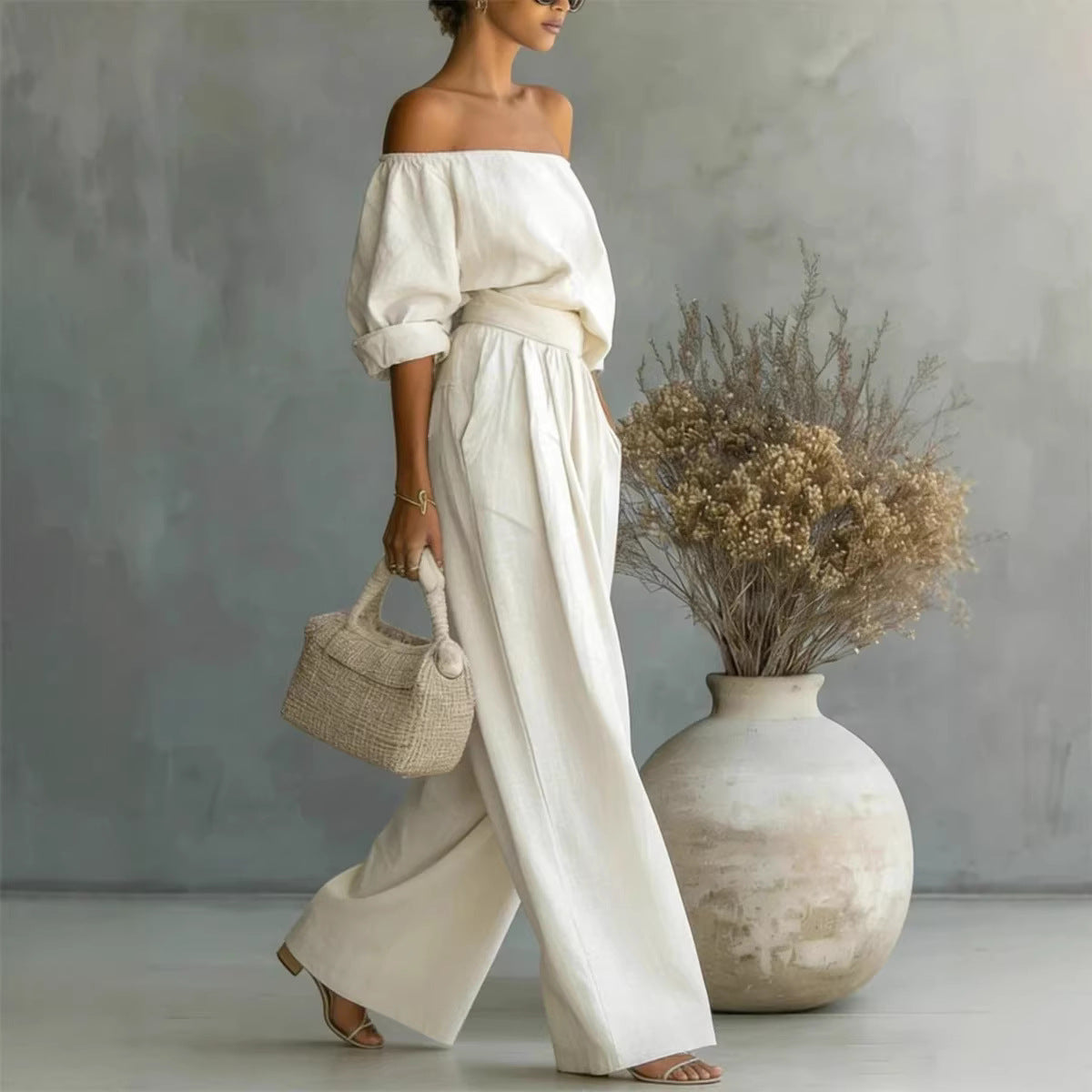Women's Off-Shoulder Top & Wide-Leg Pants Set