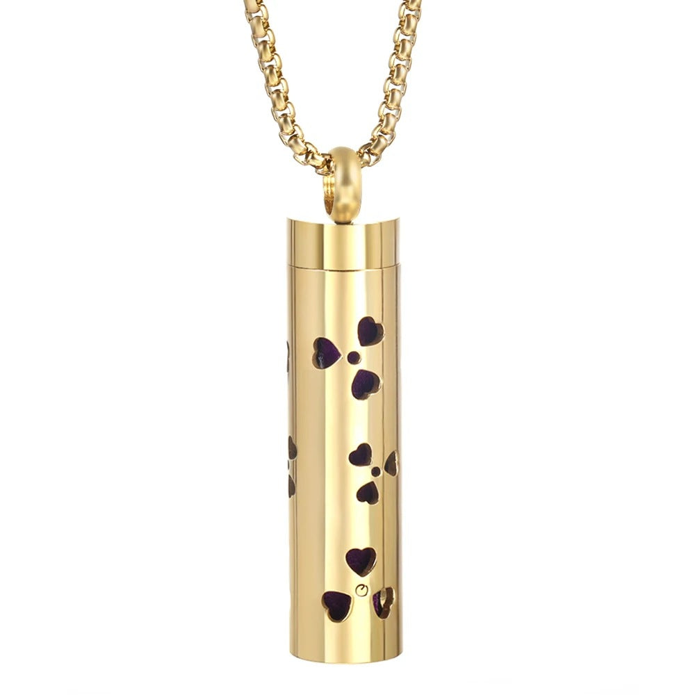 Gold Stainless Steel Aromatherapy Necklace - Cylindrical Hollow Pendant Essential Oil Diffuser