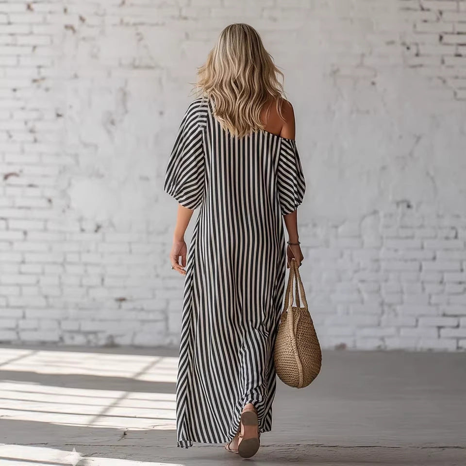 Women's Striped Off-Shoulder Maxi Dress
