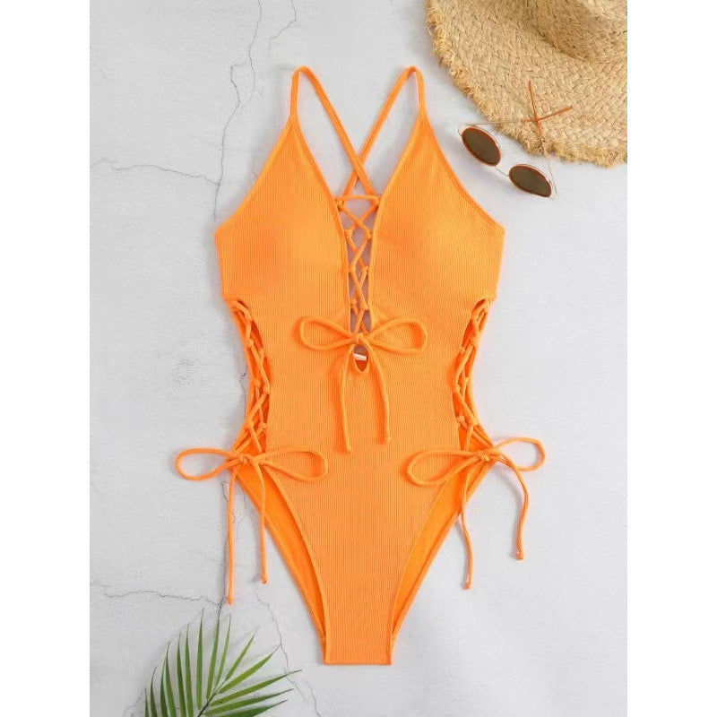 Women's Backless One-Piece Swimsuit – Solid Color Sleeveless Bathing Suit