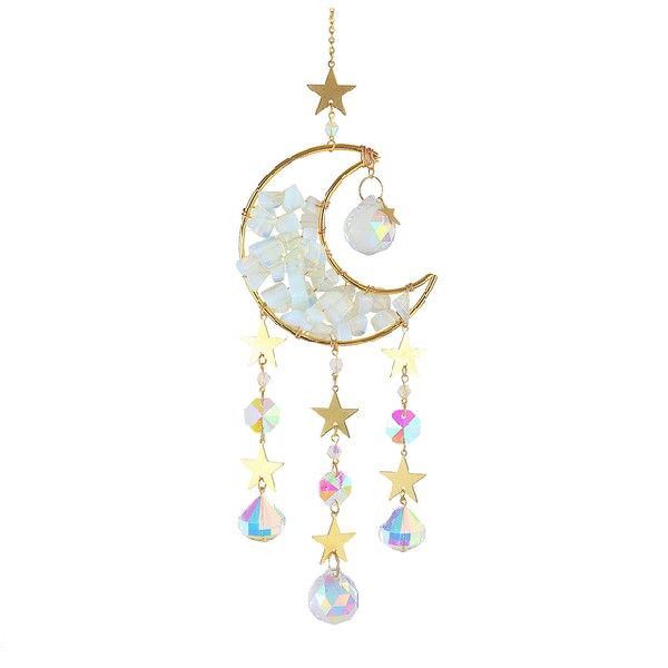 Moon & Stars Crystal Car Charm - Reflective Metal Hanging Ornament for Rearview Mirror