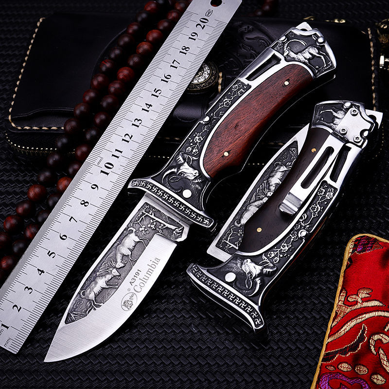 Premium Folding  Knife - 440C Steel Blade with Hardwood Handle & Leather Sheath