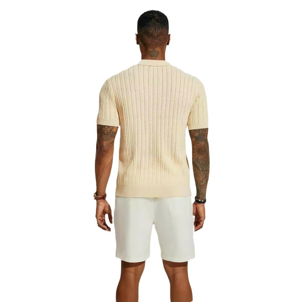Men's Knitted Short Sleeve Button-Down Shirt, Solid Color