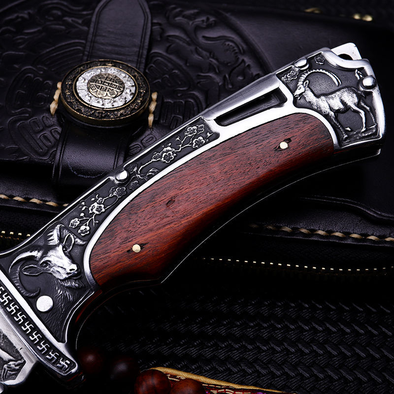 Premium Folding  Knife - 440C Steel Blade with Hardwood Handle & Leather Sheath