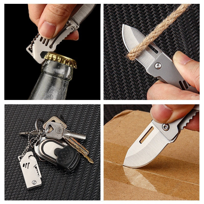 Mini EDC Folding Knife - D2 Steel Keychain Utility Tool with Bottle Opener