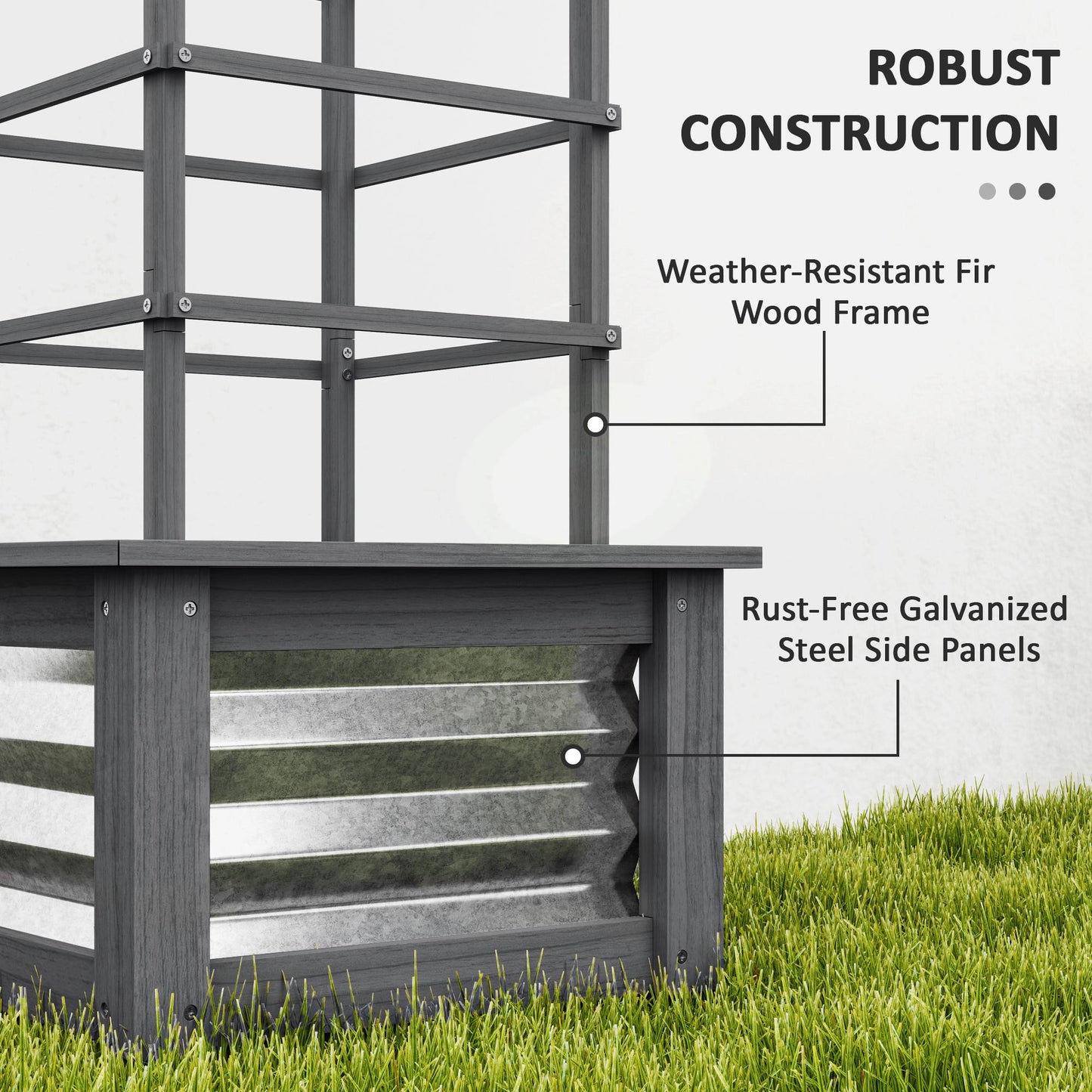 Wooden Raised Garden Bed with Trellis — Galvanized Steel Planter Box for Garden & Patio