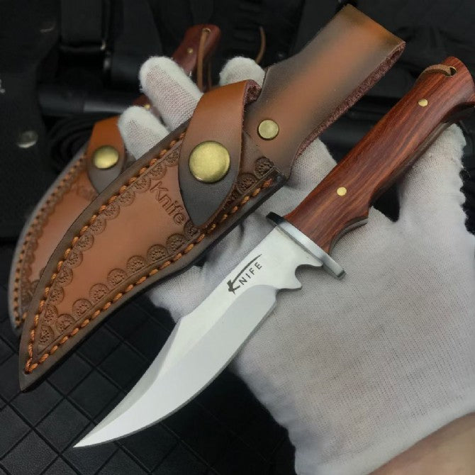 Compact Fixed Blade Knife - 5CR13 Steel with Rosewood Handle & Leather Sheath for Camping & EDC