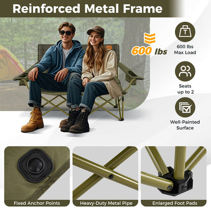 Double Camping Loveseat Chair - Oversized Folding Couch with Cup Holders, 660 lbs Capacity