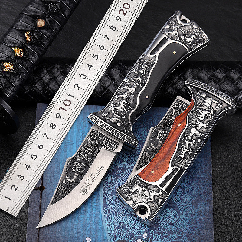 Tactical Folding Pocket Knife - 7CR17 Steel Blade with Wood Handle for Outdoor & Survival