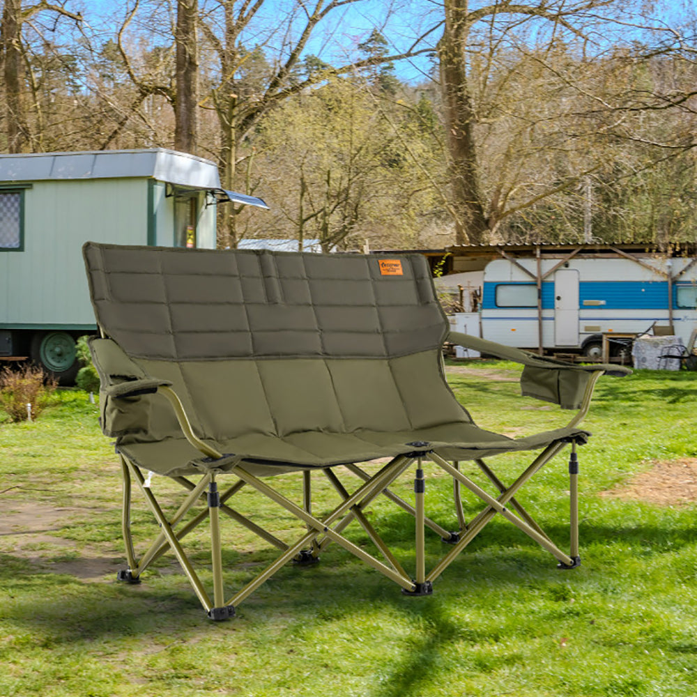 Double Camping Loveseat Chair - Oversized Folding Couch with Cup Holders, 660 lbs Capacity
