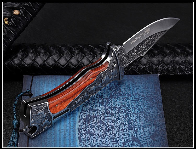 Tactical Folding Pocket Knife - 7CR17 Steel Blade with Wood Handle for Outdoor & Survival
