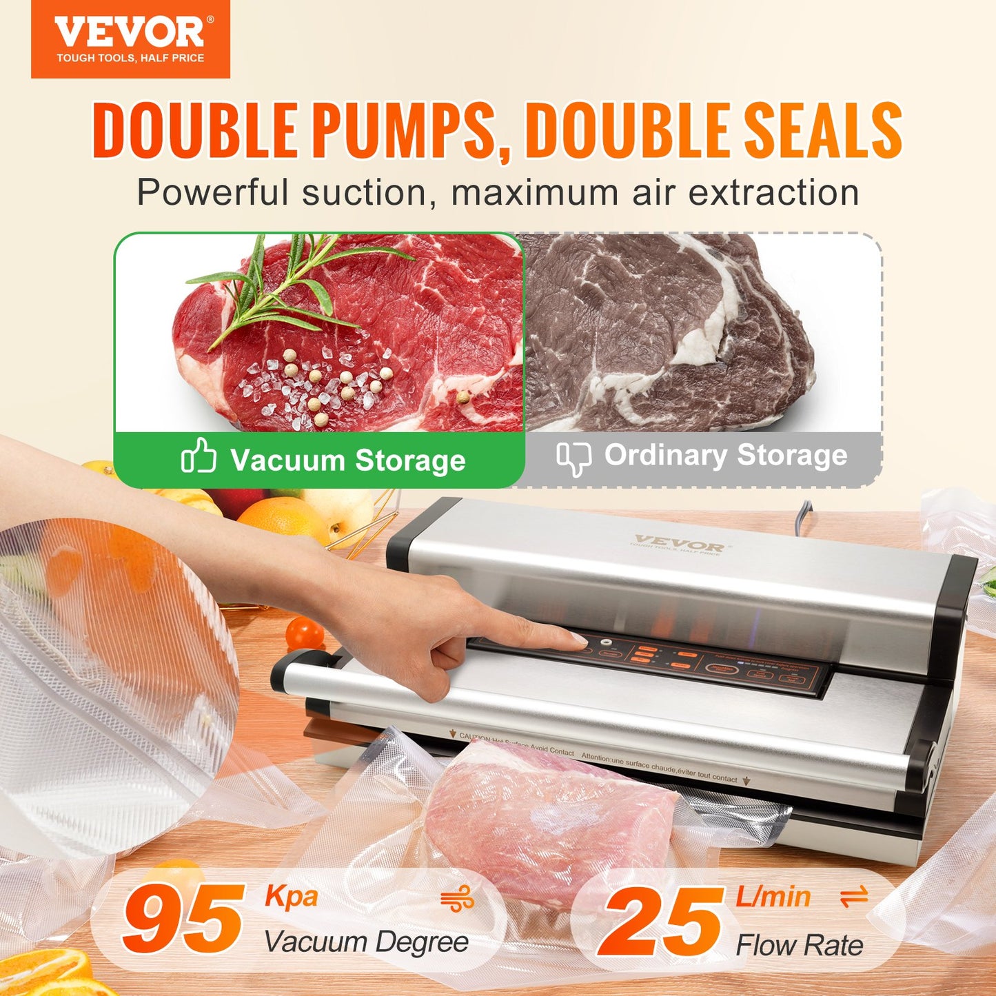 Vacuum Sealer Machine - 95Kpa 350W Dual Pump Food Sealer with Automatic & Manual Modes, Built-in Cutter