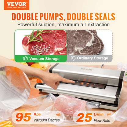 Vacuum Sealer Machine - 95Kpa 350W Dual Pump Food Sealer with Automatic & Manual Modes, Built-in Cutter