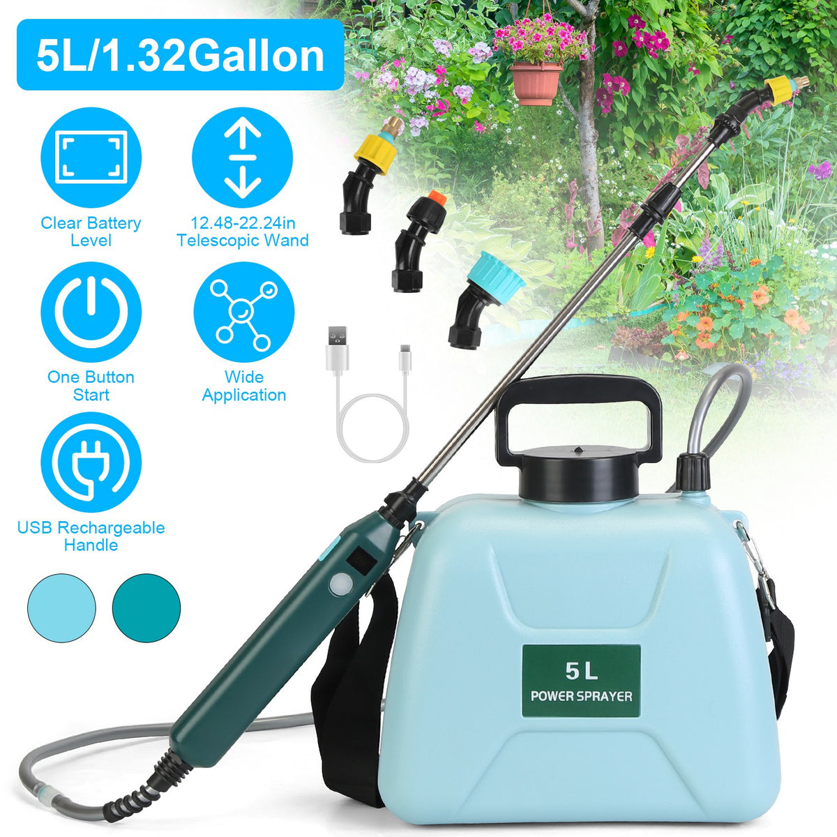 Electric Garden Sprayer – 5L Battery-Powered with Telescopic Wand & 3 Nozzles