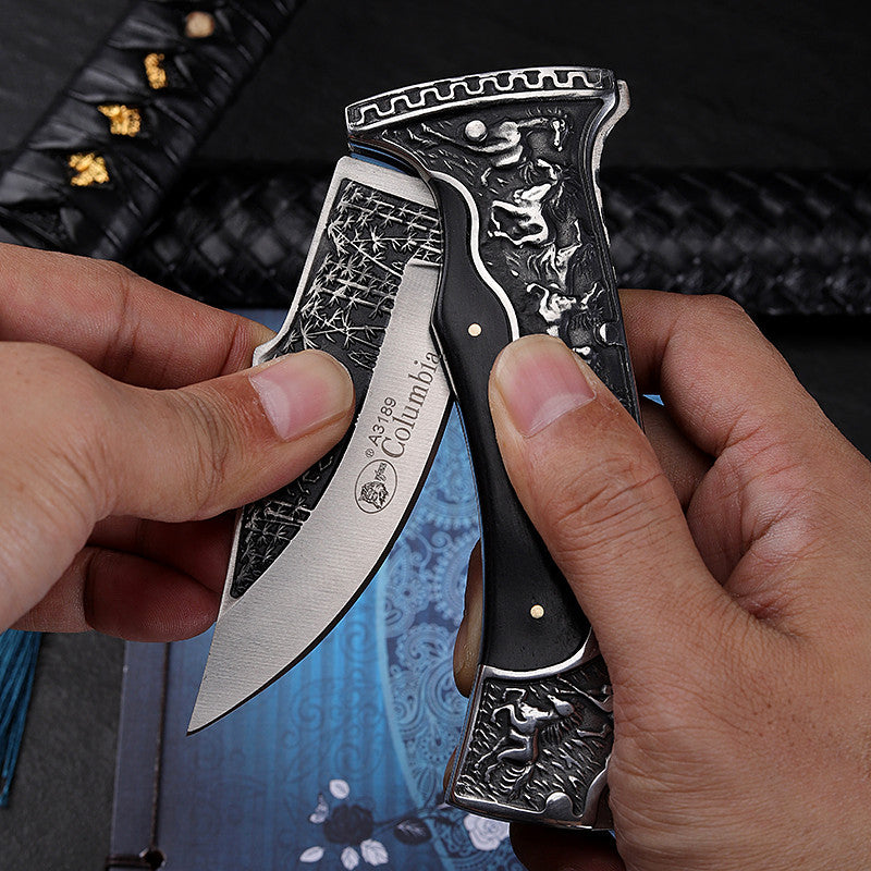 Tactical Folding Pocket Knife - 7CR17 Steel Blade with Wood Handle for Outdoor & Survival