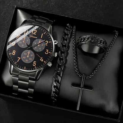 Mens Quartz Watch Necklace  Bracelet And Ring 4-Piece Set