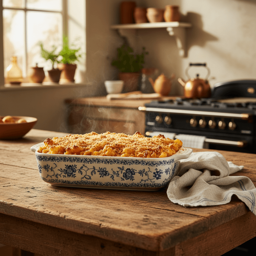 Baking dish with mac and cheese