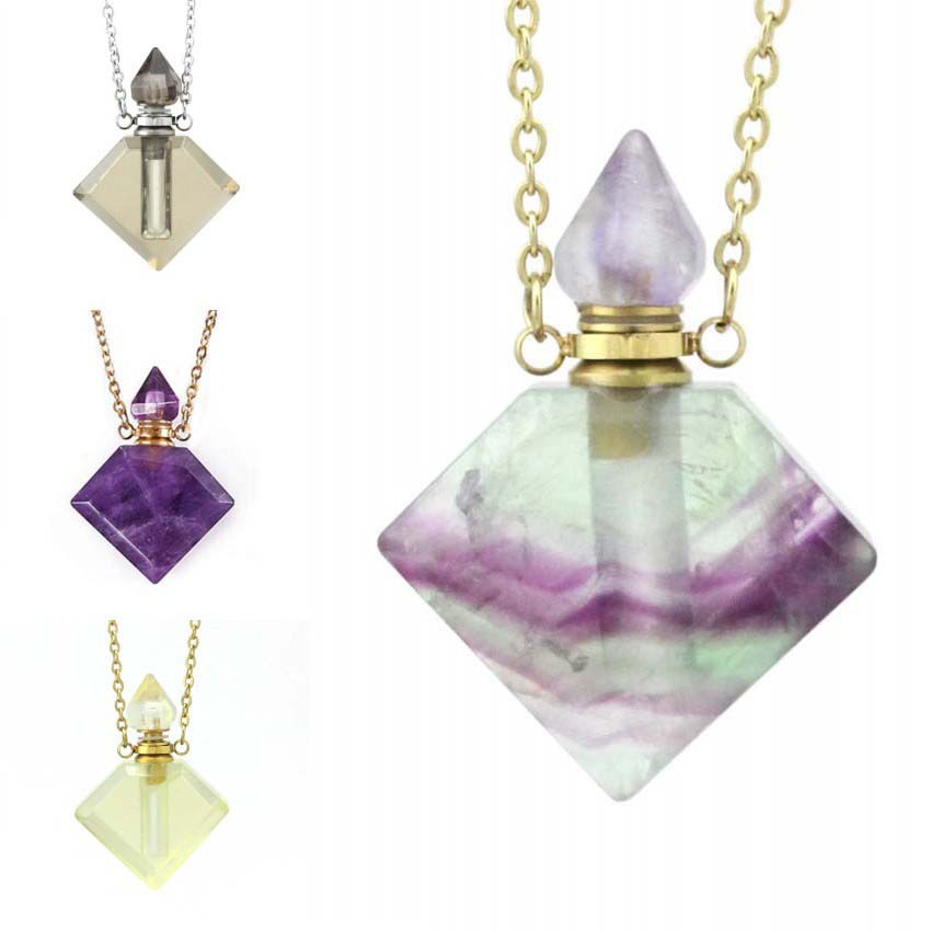 Natural Crystal Perfume Bottle Necklace - Diamond-Shaped Aromatherapy Pendant Jewelry