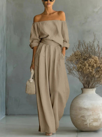 Women's Off-Shoulder Top & Wide-Leg Pants Set