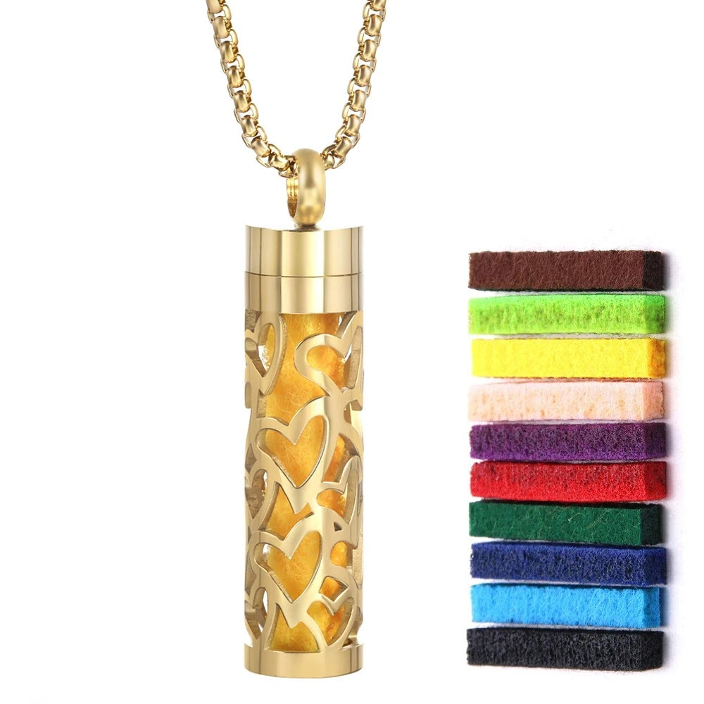 Gold Stainless Steel Aromatherapy Necklace - Cylindrical Hollow Pendant Essential Oil Diffuser