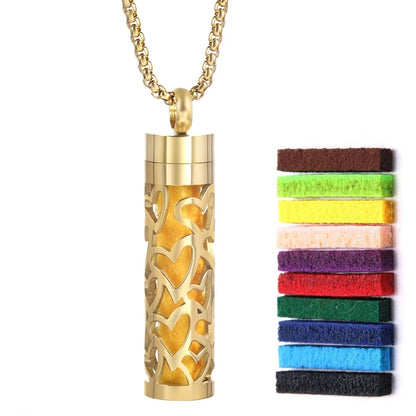Gold Stainless Steel Aromatherapy Necklace - Cylindrical Hollow Pendant Essential Oil Diffuser