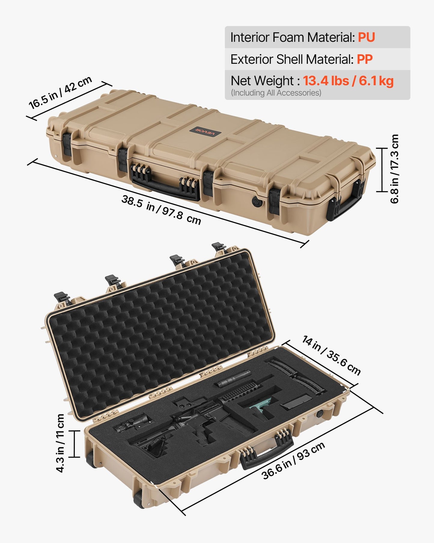 36" Hard Rifle Case - IP67 Waterproof Lockable Gun Case with Wheels & 4-Layer Foam