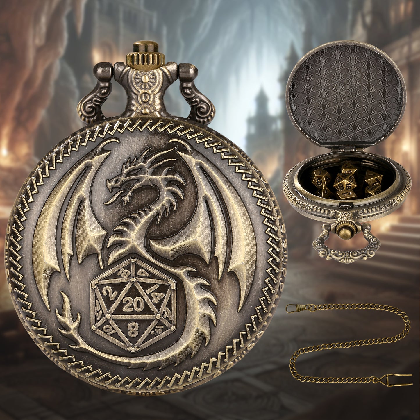 Retro Pocket Watch & 7-Piece DND Metal Dice Set – RPG Gift Bundle