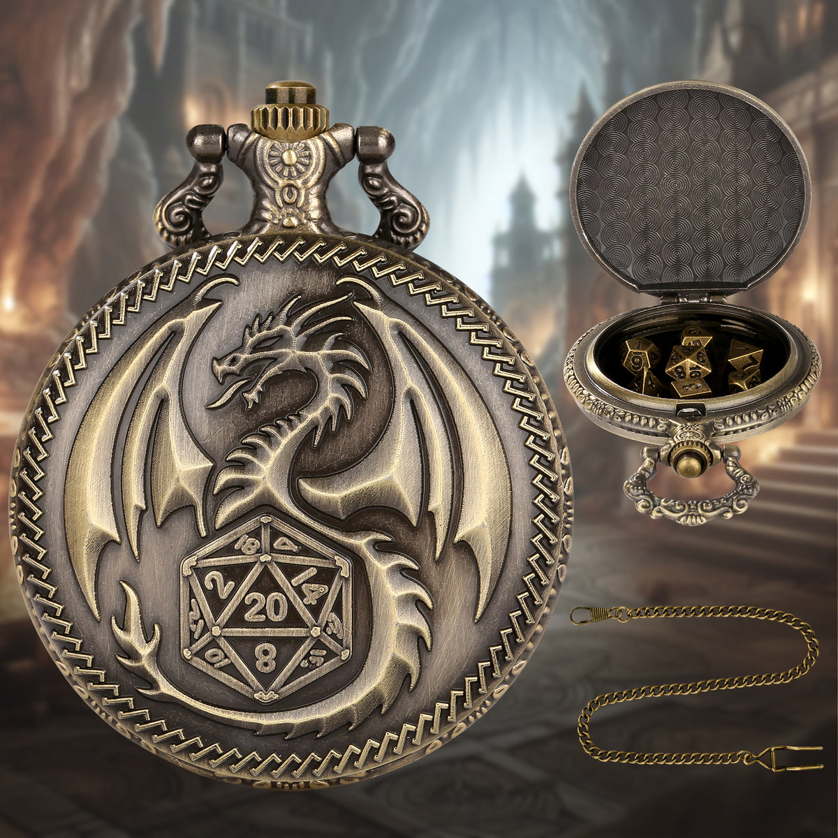 Retro Pocket Watch & 7-Piece DND Metal Dice Set – RPG Gift Bundle