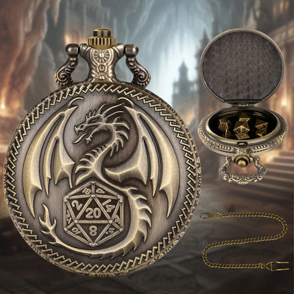 Retro Pocket Watch & 7-Piece DND Metal Dice Set – RPG Gift Bundle